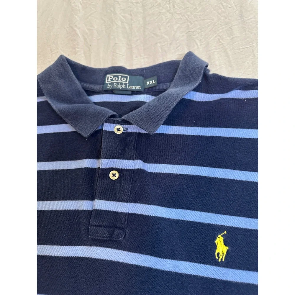 Polo Ralph Lauren Mens XXL Navy Blue Striped Short Sleeve Pique Polo Shirt
